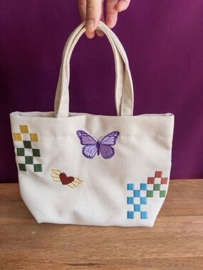 Urban Outfitters Mini Canvas Tote Bag Embroidered Smiley Cherry Butterfly Y2K